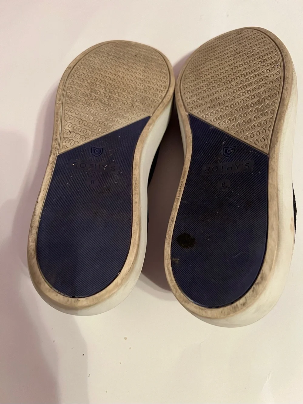 Rothy's Women’s Black Slip-On Sneakers Size 8 with Blue & White Stripe Accent